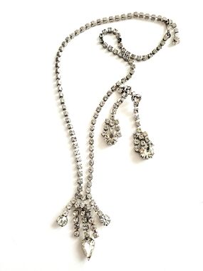 Silver Crystal Drop Y-Necklace with Clear Rhinestone Accents - Vintage